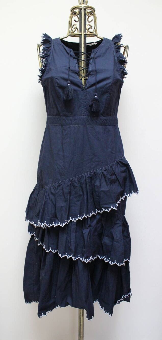 Ulla Johnson Navy Blue Rosalind Tiered Tassel Ruffle Midi Dress Size 4
